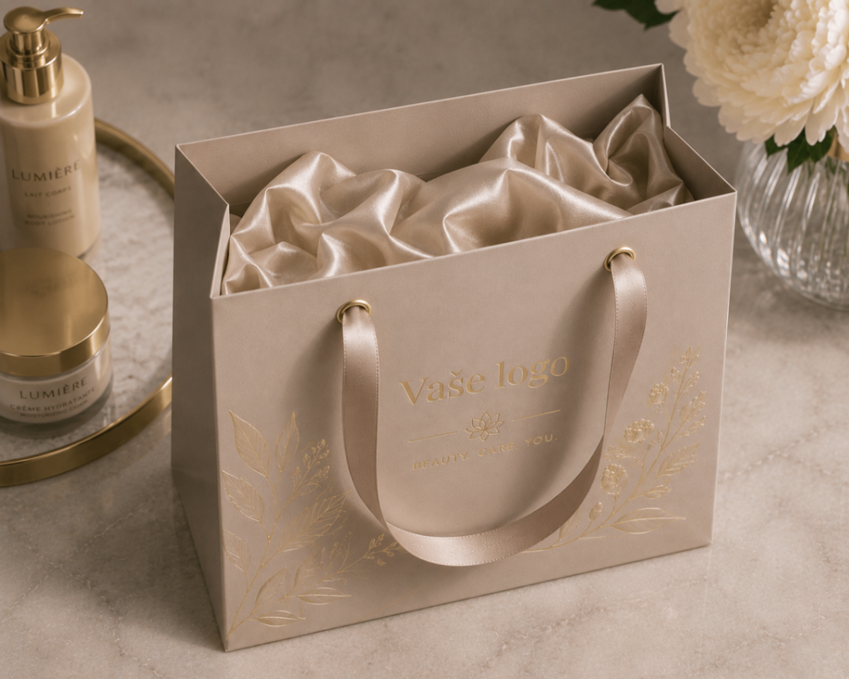 Luxusní béžová dárková taška vedle beauty produktů a květin