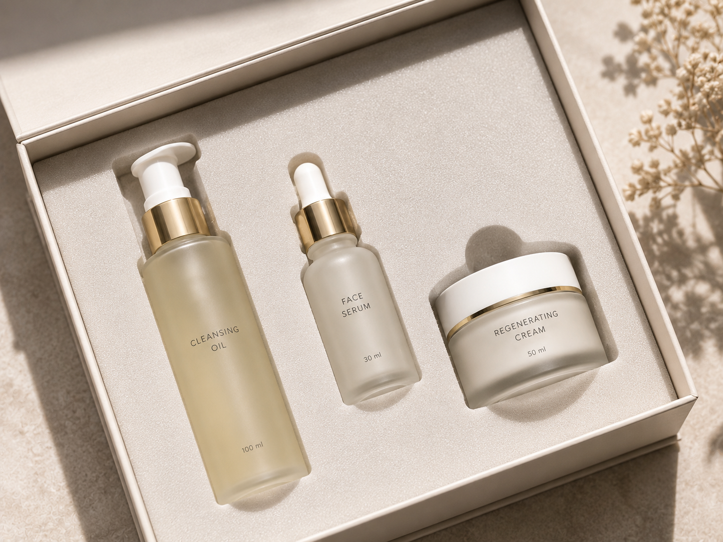 Béžový dárkový set s cleansing oil, sérem a krémem