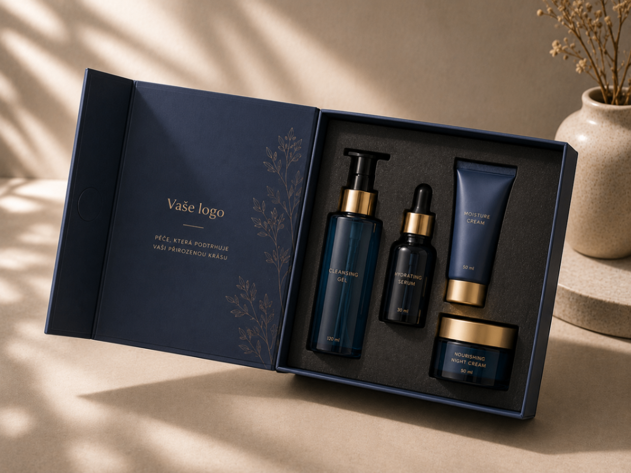 Tmavě modrá skincare krabička se zlatými detaily