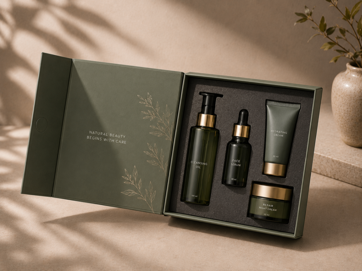Olivově zelený skincare box s kosmetickou sadou
